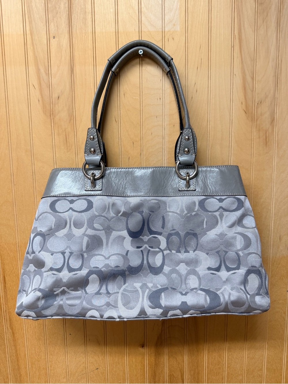 Coach Gray Signature Jacquard Tote with Leather Trim